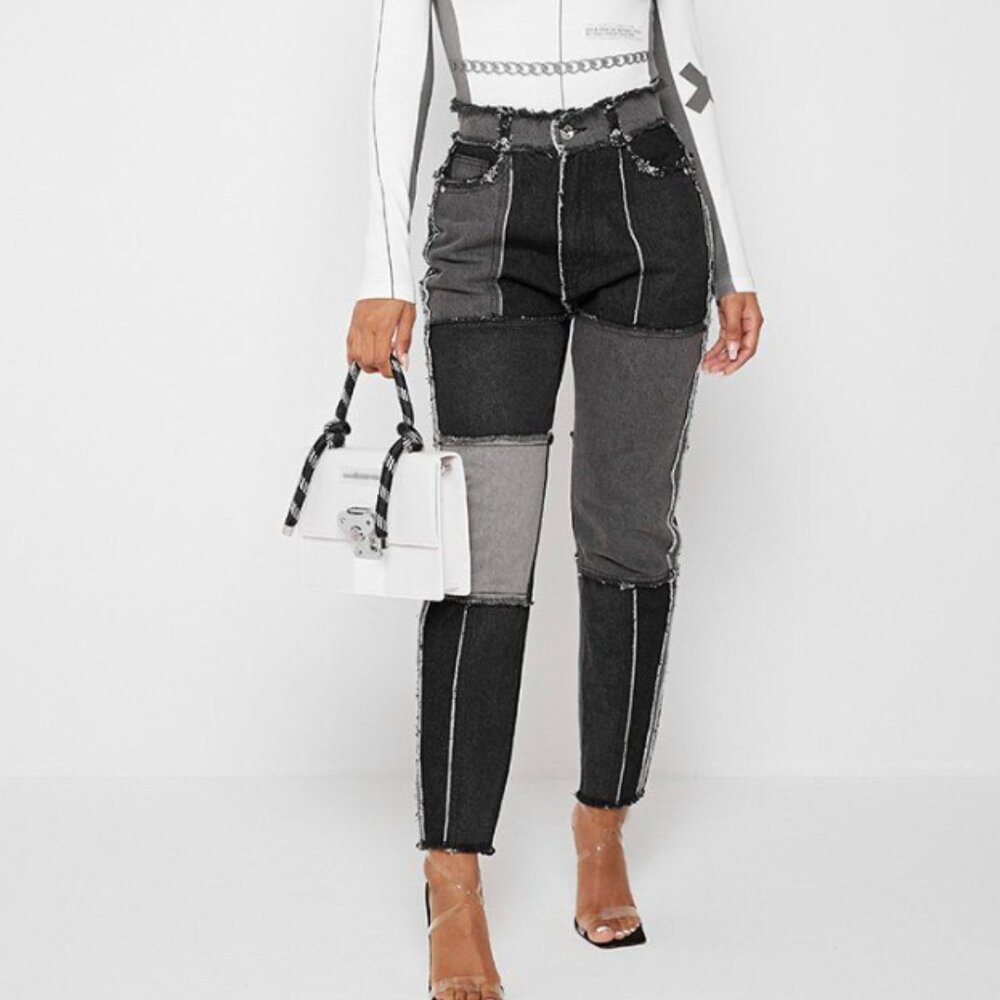 Maniere De Voir Patchwork High Rise Denim Jeans‎ Black Grey Size 14